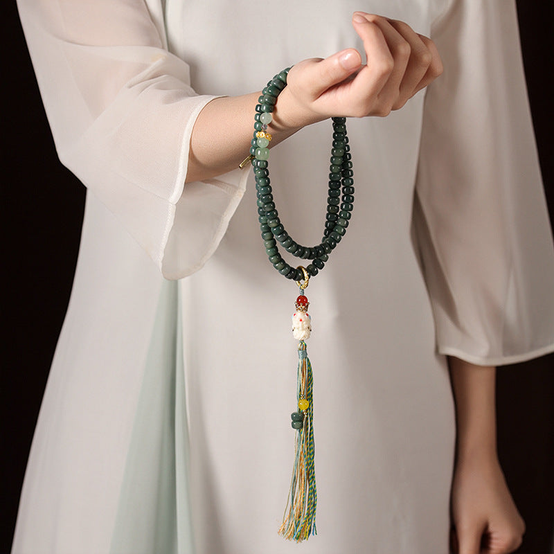 Pulsera tibetana Bodhi verde oscuro hecha a mano: joyería espiritual y cultural