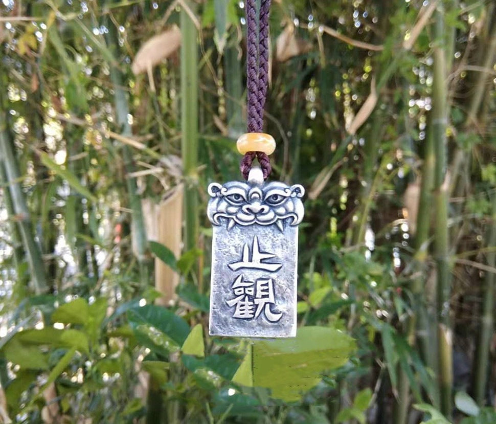 Handcrafted Vintage Silver “Zhi Guan” Protection Pendant - Zen Buddhist Inspired