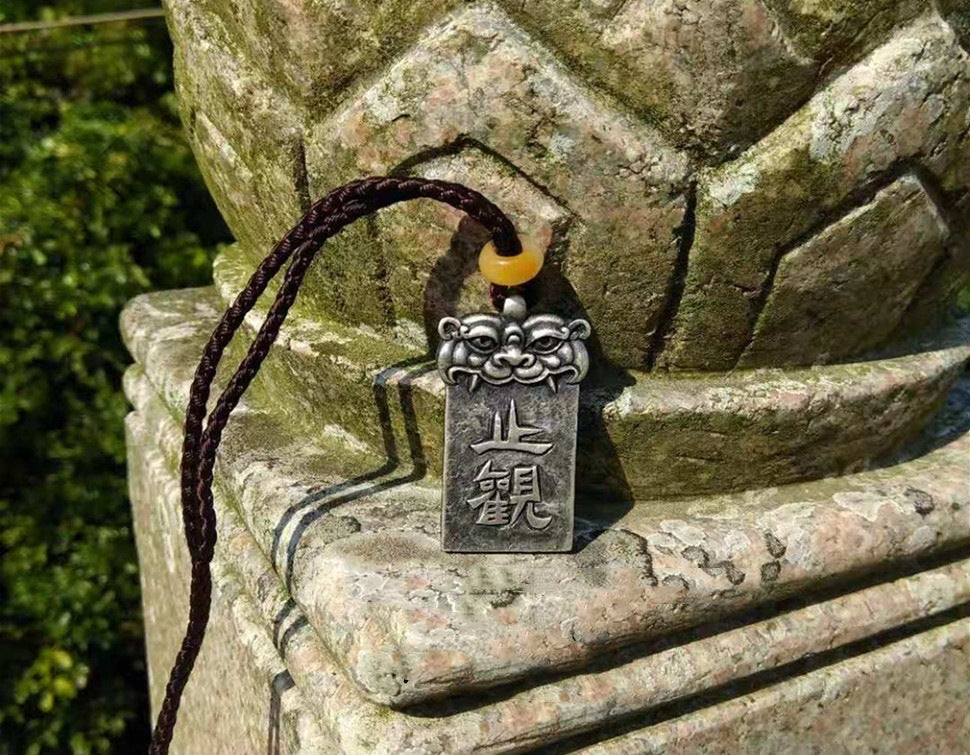 Handcrafted Vintage Silver “Zhi Guan” Protection Pendant - Zen Buddhist Inspired