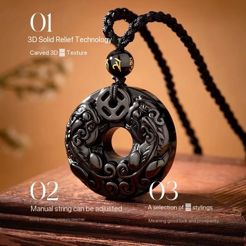 Colgante de la Paz Pixiu de obsidiana negra y ágata blanca