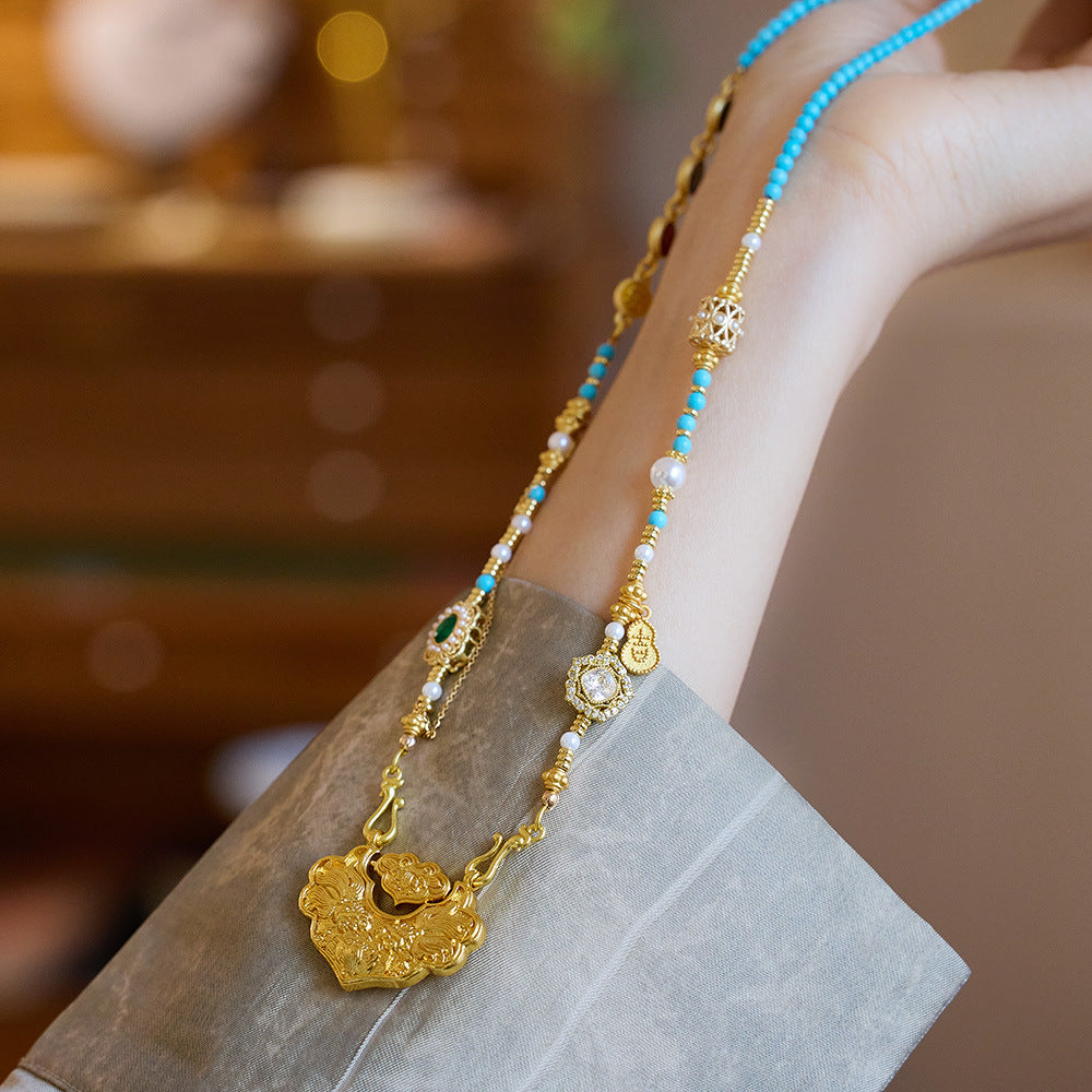Koi Ruyi Lock Ancient Enamel Sand Gold Necklace