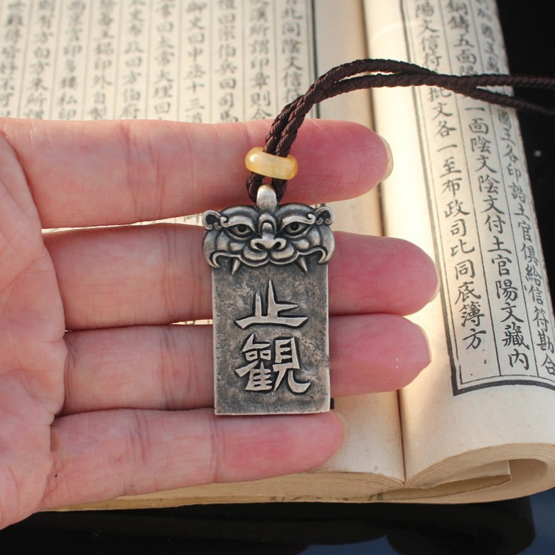 Handcrafted Vintage Silver “Zhi Guan” Protection Pendant - Zen Buddhist Inspired