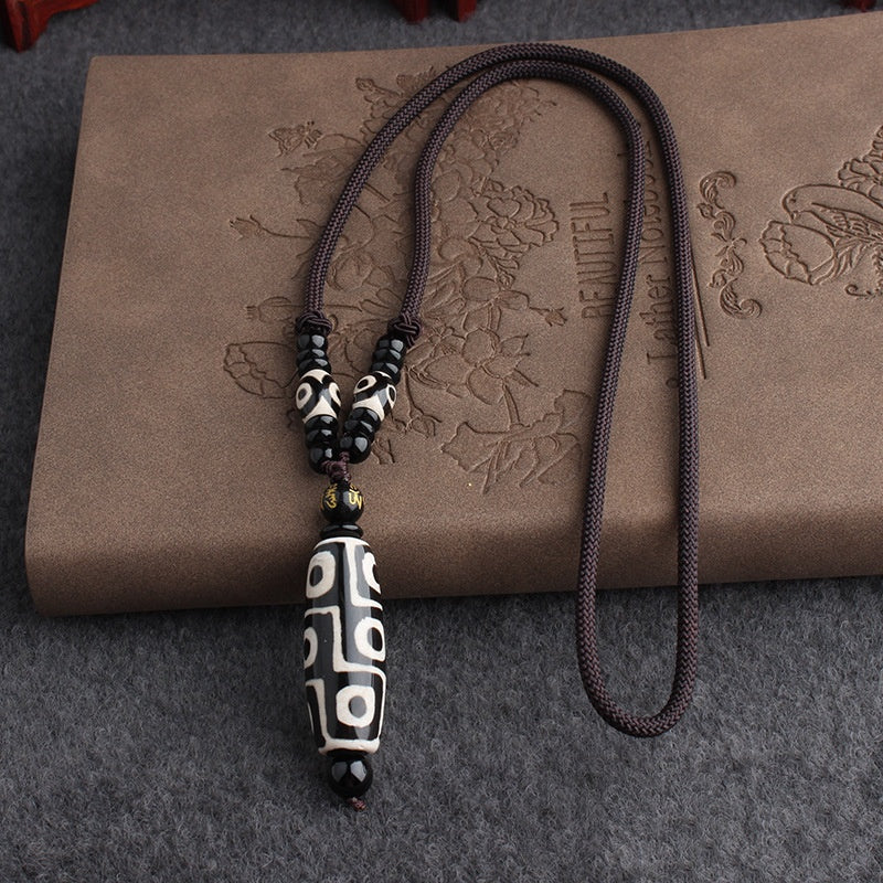 Natural Tibetan 9-Eyed Agate Dzi Bead Necklace – Symbol of Blessings