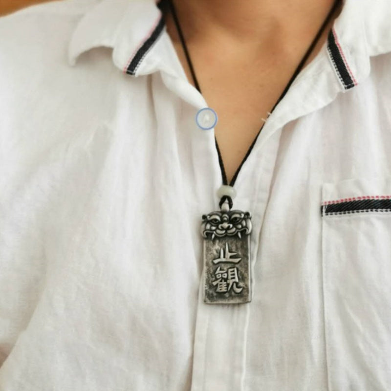 Handcrafted Vintage Silver “Zhi Guan” Protection Pendant - Zen Buddhist Inspired