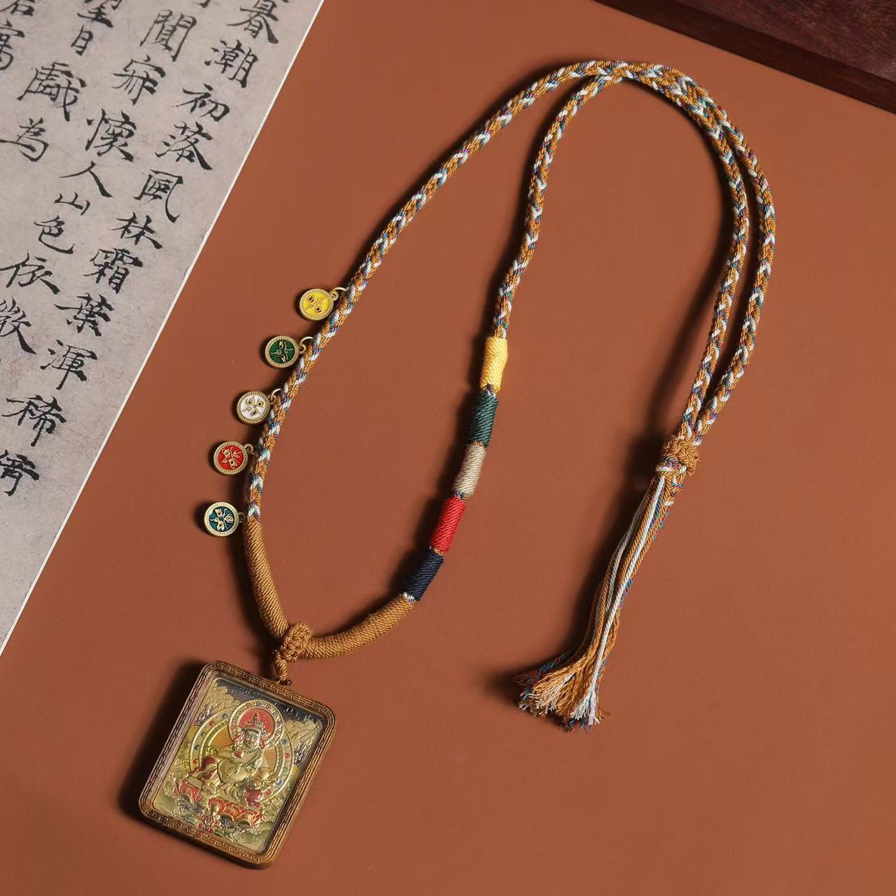 Agarwood Buddha Pendant with Brass Inlaid Yellow Wealth God
