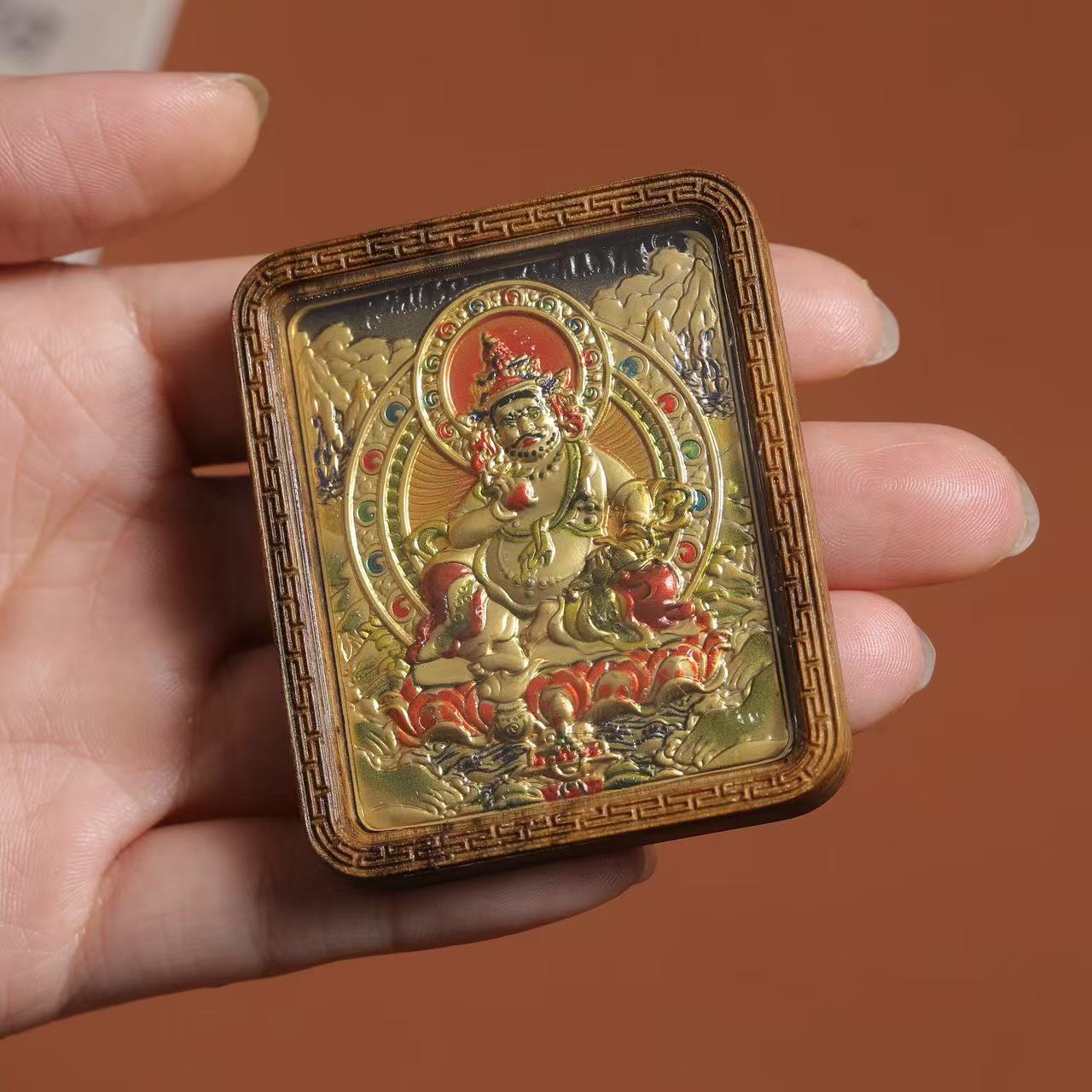 Agarwood Buddha Pendant with Brass Inlaid Yellow Wealth God