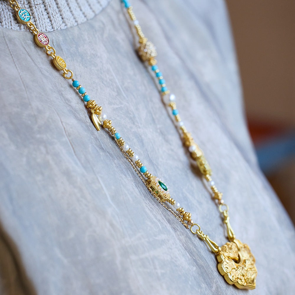 Koi Ruyi Lock Ancient Enamel Sand Gold Necklace
