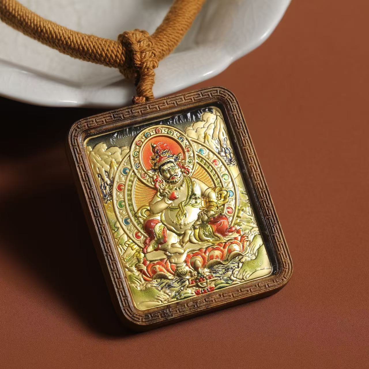 Agarwood Buddha Pendant with Brass Inlaid Yellow Wealth God