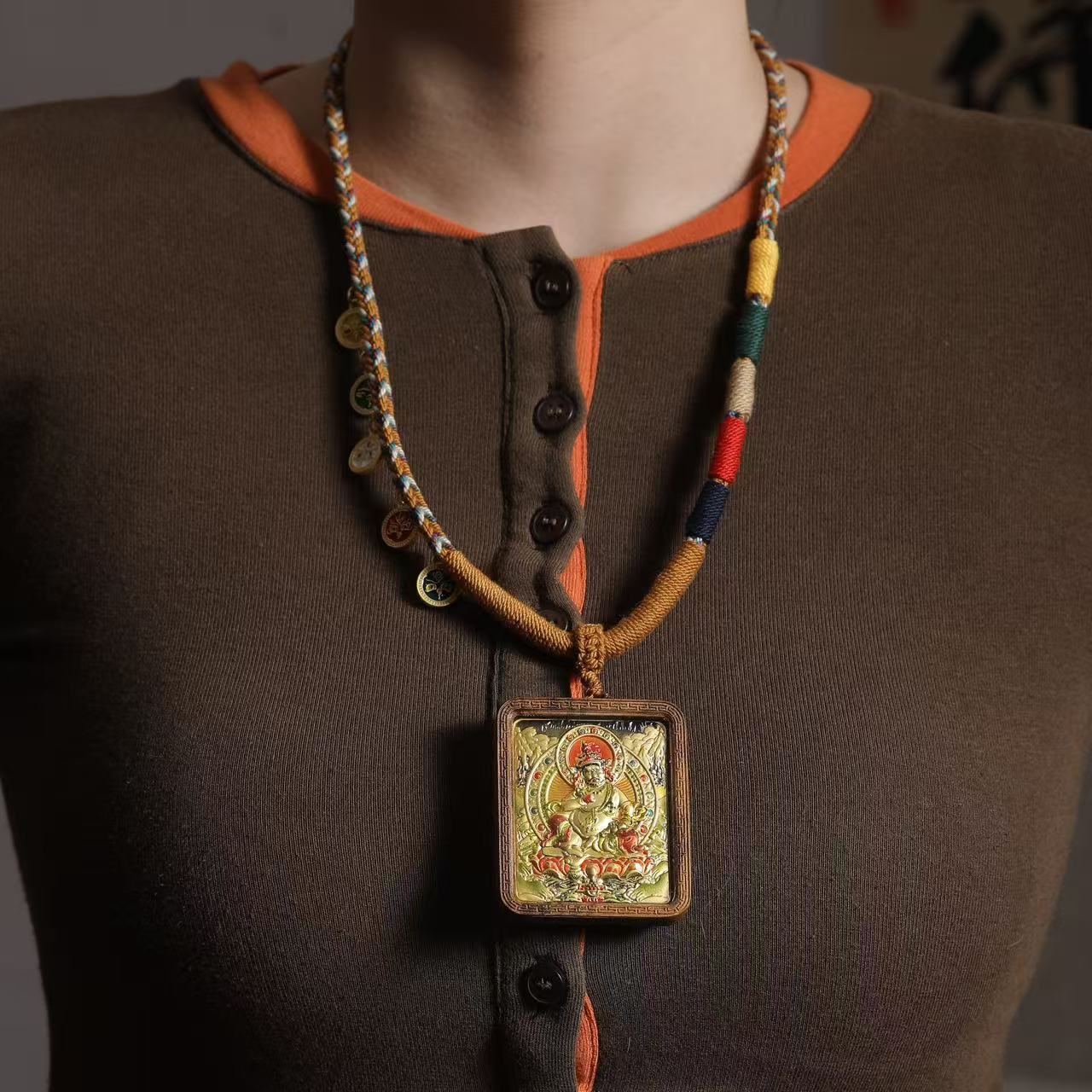 Agarwood Buddha Pendant with Brass Inlaid Yellow Wealth God