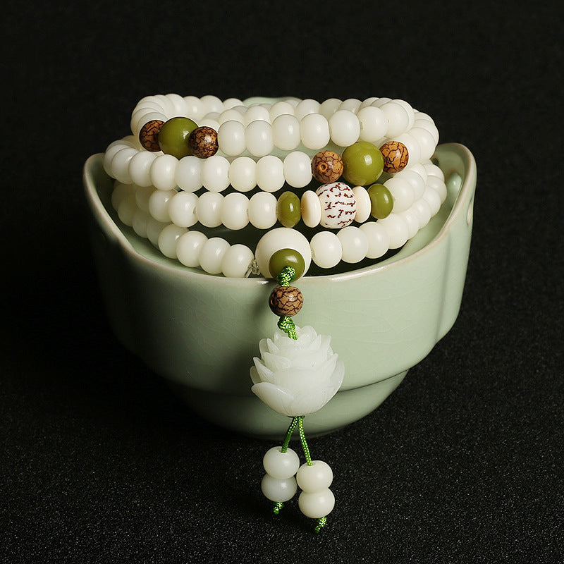 Natural White Jade Bodhi Root 108 Bead Mala Bracelet – A Symbol of Purity and Enlightenment