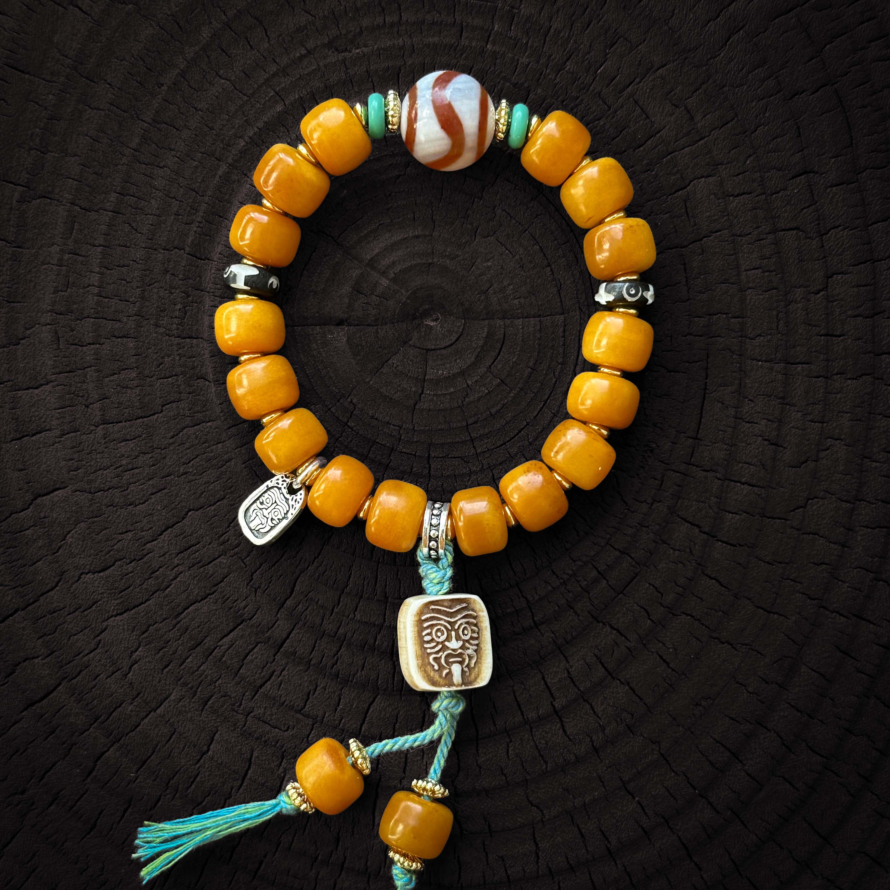 Tibetan Yak Bone Barrel Bead Bracelet with Zajilam Pendant – Ethnic Craft and Spiritual Symbolism