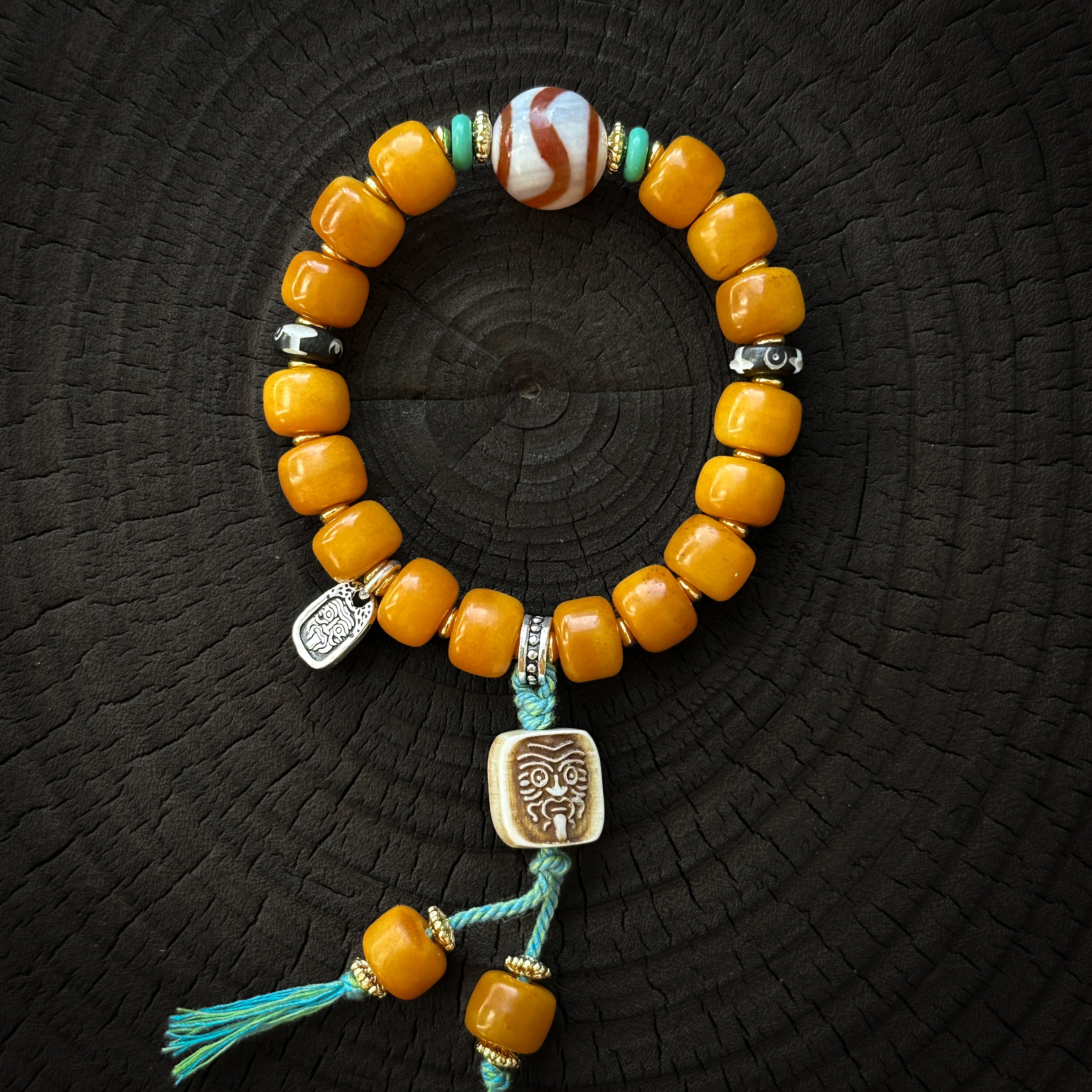 Tibetan Yak Bone Barrel Bead Bracelet with Zajilam Pendant – Ethnic Craft and Spiritual Symbolism